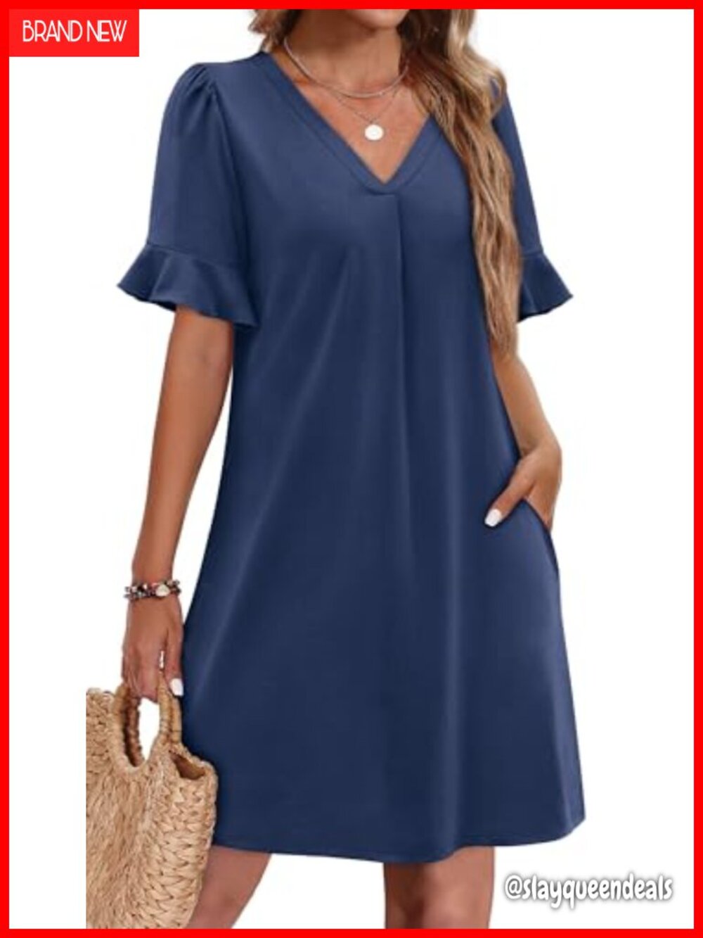 Ruffle Short Sleeve V Neck Casual Shift Dress with Pockets